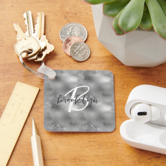 Glam Silber Glitter Glanz Monogramm  Schlüsselanhänger (Schreibtisch)
