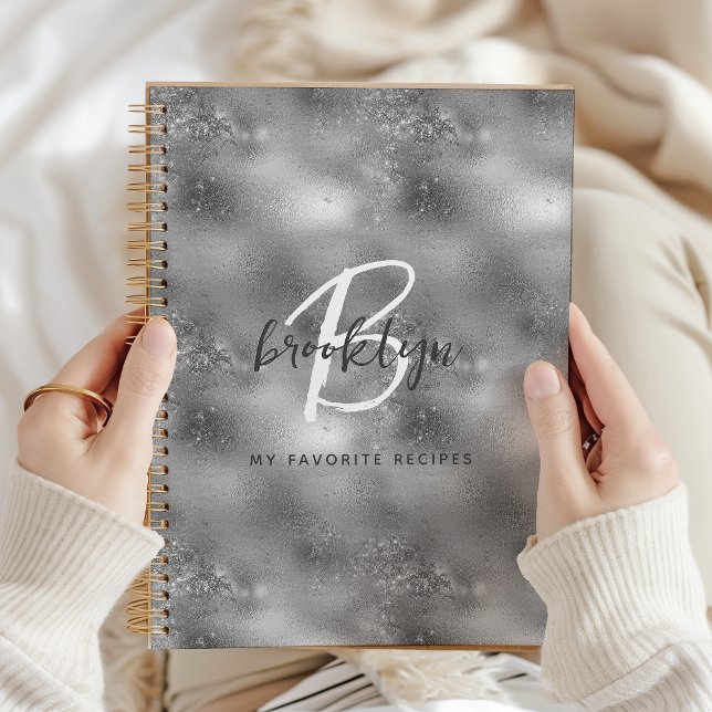 Glam Silber Rezeptbuch mit Monogramm Notizbuch (Von Creator hochgeladen)