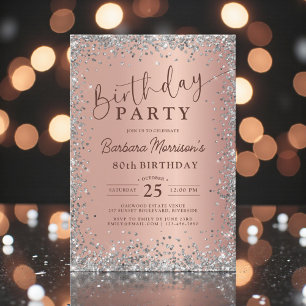 Glam Silber Roségold Glitter 80. Geburtstag Einladung
