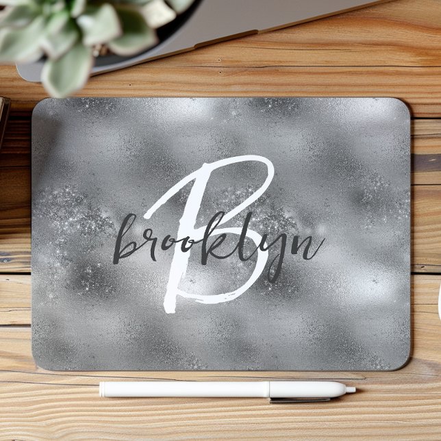 Glam Silber Trendy Schrift Monogramm  Mousepad (Von Creator hochgeladen)