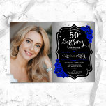 Glam Silver Black Royal Blue Foto 50. Geburtstag Einladung<br><div class="desc">Elegante florale feminine 50. Geburtstagseinladung mit Ihrem Foto. Glam-Design mit Imitaten Silber. Enthält königsblaue Rose,  Skript-Schriftart und Konfetti. Ideal für ein stilvolles Party für Erwachsene. Personalisieren Sie Ihre persönlichen Daten. Kann für jedes Alter angepasst werden! Gedruckte Zazzle Einladungen oder Sofortdownload digitalen druckbaren Vorlage.</div>