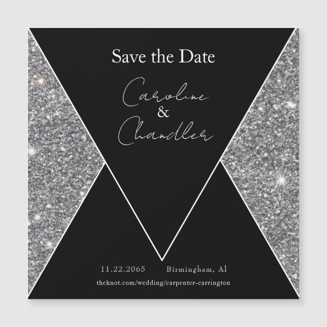 Glam Silver & Black Wedding speichern das Datum Ma Magnetkarte (Vorderseite)