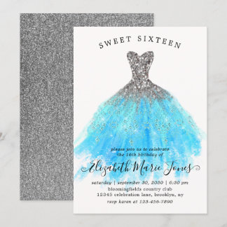 Glam Silver Blue Sparkle Dress Sweet 16. Geburtsta Einladung