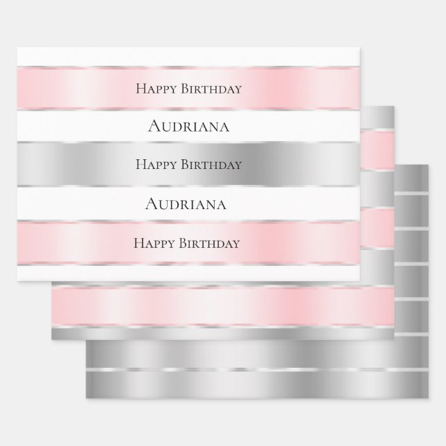 Glam Silver Blush Pink Ribbon Geburtstag Geschenkpapier Set (Set)