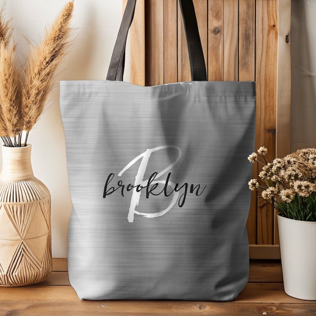 Glam Silver Brushed Metal Schwarz-weiß Monogram (Von Creator hochgeladen)