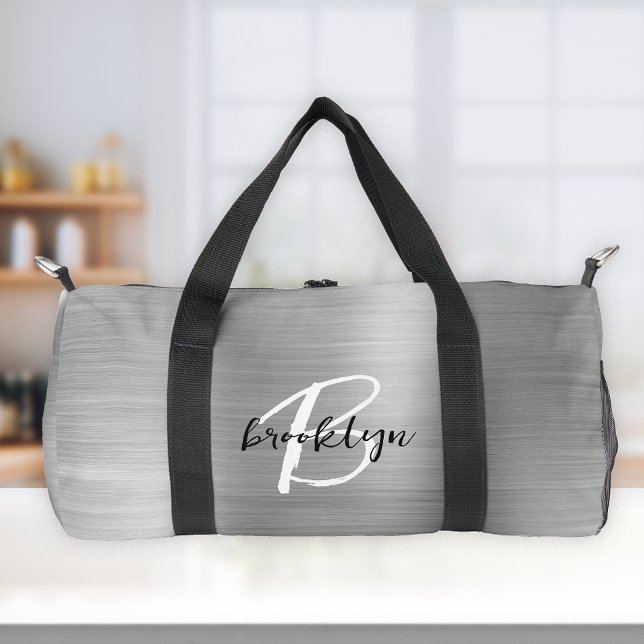 Glam Silver Brushed Metal Schwarz-weiß Monogram Duffle Bag (Von Creator hochgeladen)