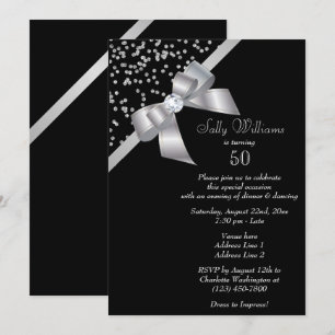 Glam Silver Confetti & Jewel Bow 50. Geburtstag Einladung