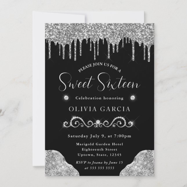 Glam Silver Dripping Glitzer Sweet 16 Einladung (Vorderseite)