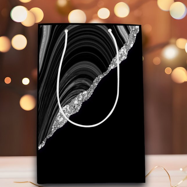 Glam Silver Glitzer Black Festive Mittlere Geschenktüte (Von Creator hochgeladen)
