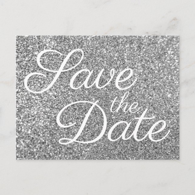 Glam Silver Glitzer Foto Save the Date Postkarte (Vorderseite)