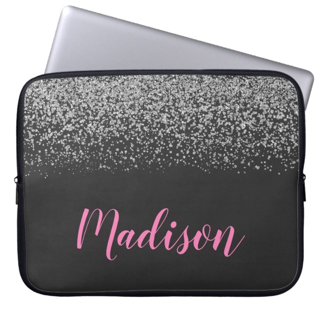 Glam Silver Glitzer Glitzern Black & Pink Name Laptopschutzhülle (Vorderseite)