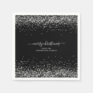 Glam Silver Glitzer Name Frohe Weihnachten Schwarz Serviette