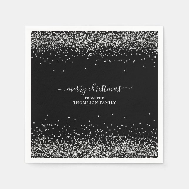 Glam Silver Glitzer Name Frohe Weihnachten Schwarz Serviette (Vorderseite)