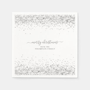 Glam Silver Glitzer Name Frohe Weihnachten Weiß Serviette