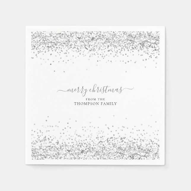 Glam Silver Glitzer Name Frohe Weihnachten Weiß Serviette (Vorderseite)