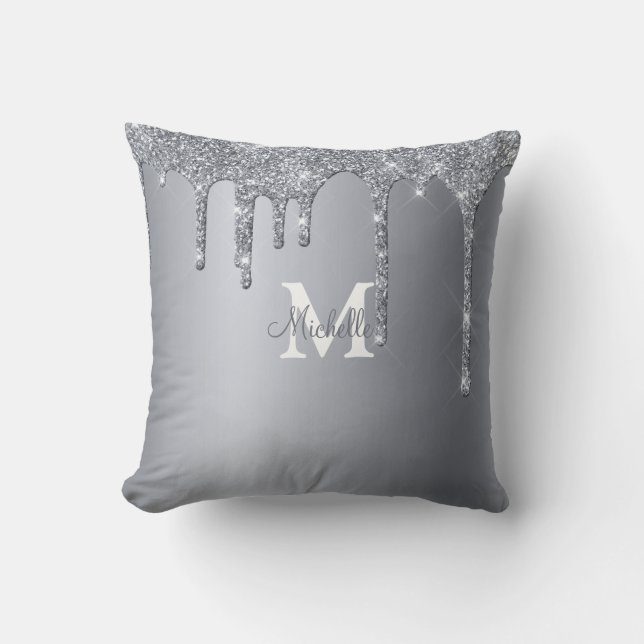Glam Silver Glitzer Personalisiert Monogram Kissen (Vorderseite)