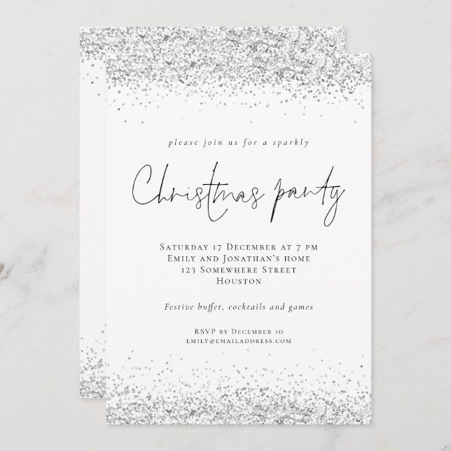 Glam Silver Glitzer Script Weihnachts-Party Einladung (Vorne/Hinten)