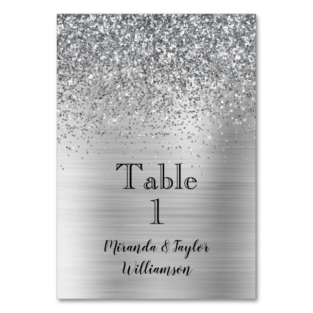 Glam Silver Glitzer Sparkle Tischnummer (Vorderseite)