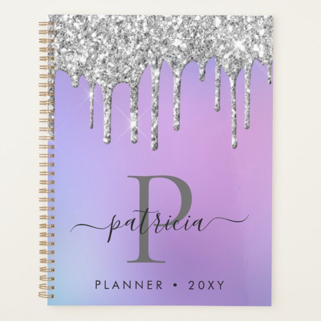 Glam Silver Glitzer Tropfen Elegantes Monogramm Planer (Vorderseite)