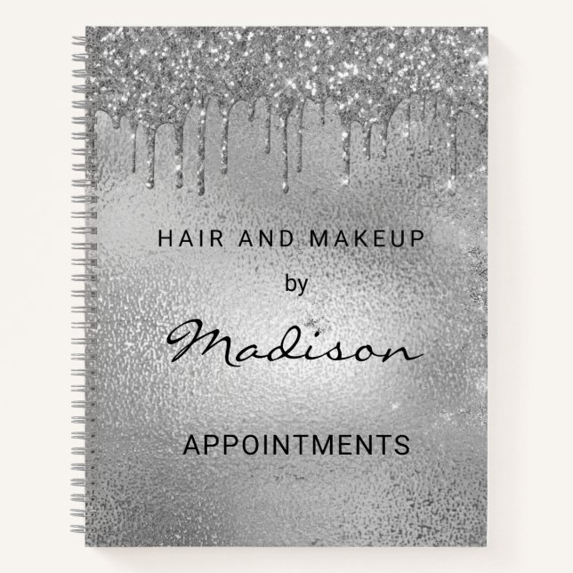 Glam Silver Glitzer Tropfen Haare und Schminke Notizbuch (Vorderseite)
