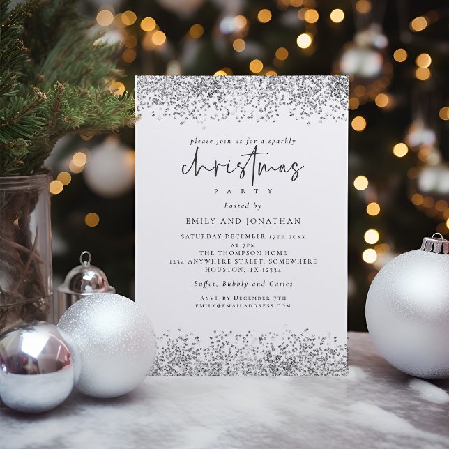 Glam Silver Glitzer Weihnachts-Party White Einladung (Available digitally and printed)