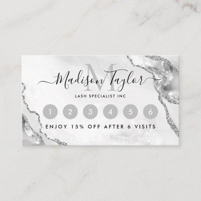 Glam Silver Gray Glitzer Agate Marble Monogram Treuekarte (Vorderseite)
