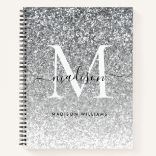 Glam Silver Gray Glitzer Sparkle Elegantes Monogra Notizbuch