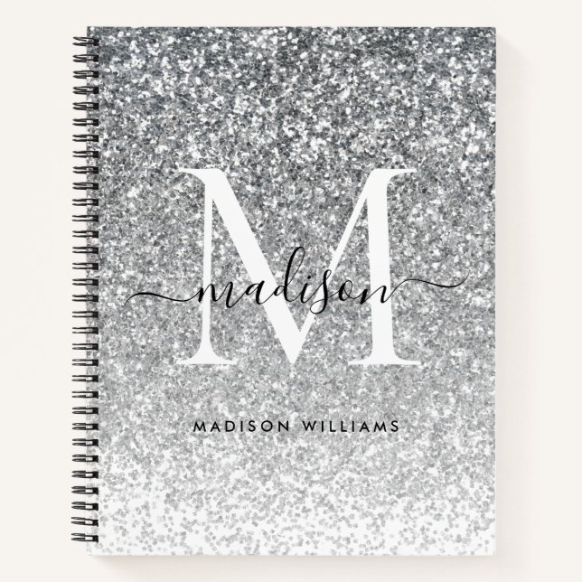 Glam Silver Gray Glitzer Sparkle Elegantes Monogra Notizbuch (Vorderseite)