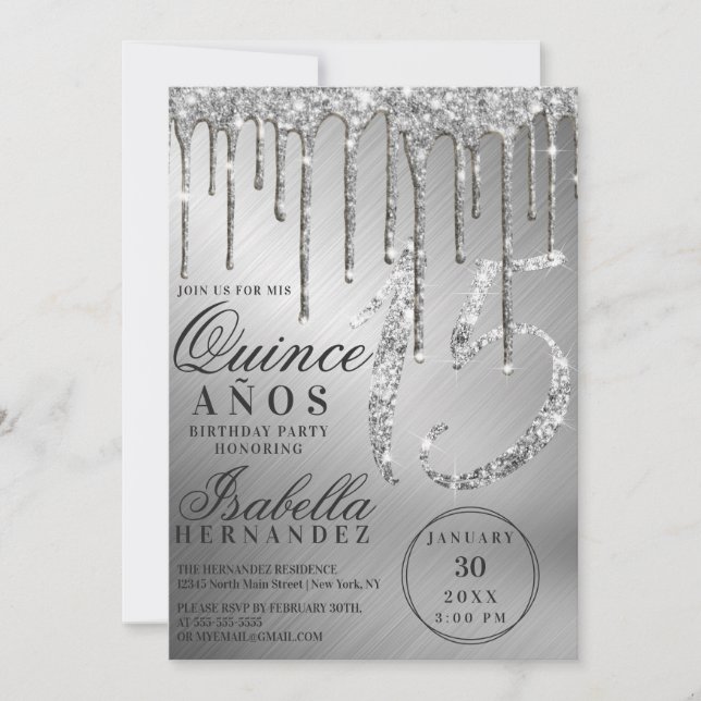 Glam Silver Metallic Glitzer Tropfens Quinceañera Einladung (Vorderseite)