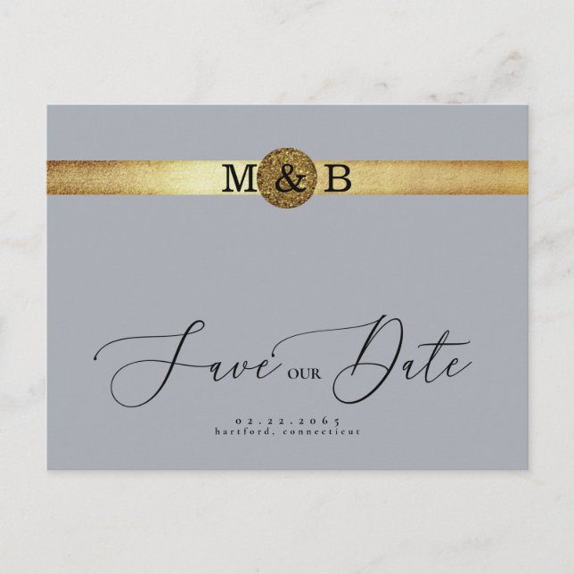 Glam Silver & Metallic Gold Monogram Save the Date Postkarte (Vorderseite)