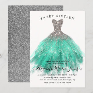 Glam Silver Mint Sparkle Dress Sweet 16. Geburtsta Einladung