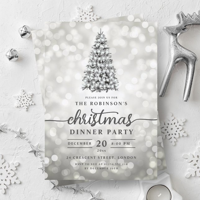 Glam Silver Pine Tree Lights Weihnachts-Party Einladung (Glam Silver Pine Tree Lights Christmas Party Invitation)