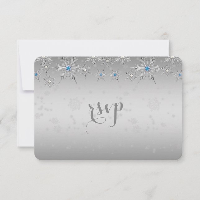 Glam Silver Snowflakes Crystal Pearl Wedding RSVP Karte (Vorderseite)