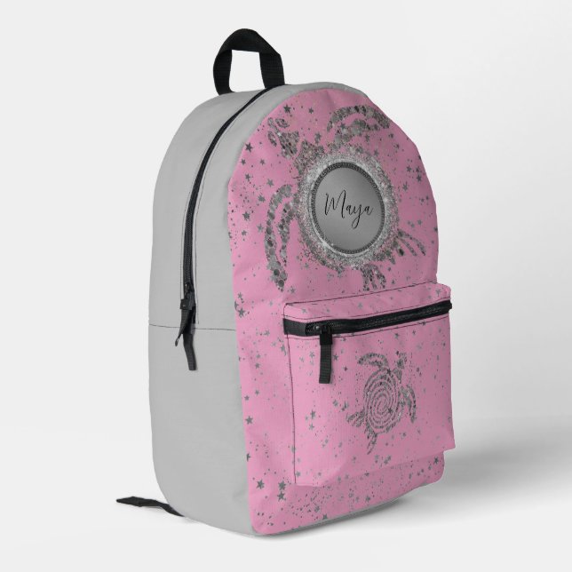 Glam Silver Turtle Stars auf rosa Personalisiert Bedruckter Rucksack (Rückseitige Ecke links)
