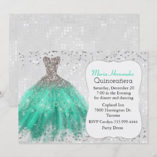 Glam Silver und Aquamarin Gown Quinceñera Einladun Einladung