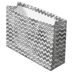 Glam Silver White Zigzag Streifen Große Geschenktüte