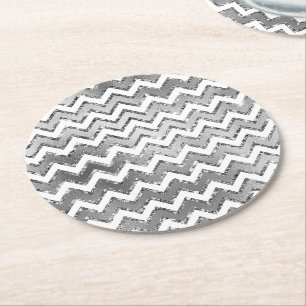 Glam Silver White Zigzag Streifen Runder Pappuntersetzer