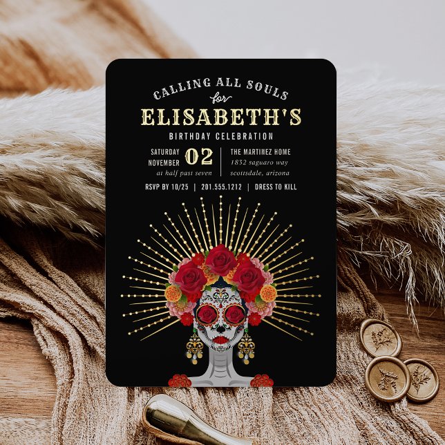 Glam Skeleton Day of the Dead Theme Birthday Party Folieneinladung (Von Creator hochgeladen)
