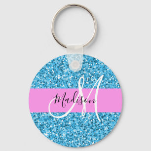 Glam Sky Blue Pink Glitter Sparkles Name Monogram Schlüsselanhänger