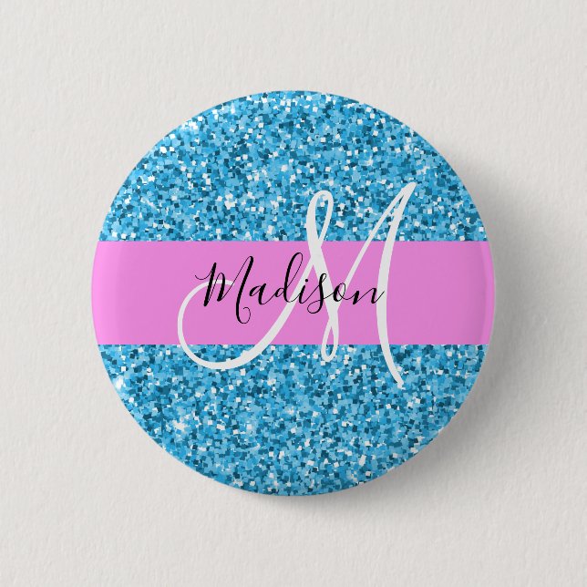 Glam Sky Blue Pink Glitzer Glitzern Name Monogram Button (Vorderseite)
