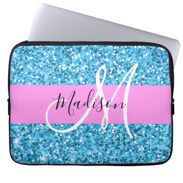Glam Sky Blue Pink Glitzer Glitzern Name Monogram Laptopschutzhülle (Vorderseite)