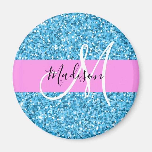 Glam Sky Blue Pink Glitzer Glitzern Name Monogram Magnet (Vorne)