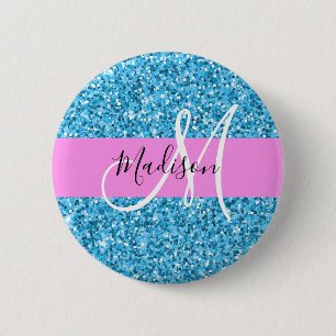 Glam Sky Blue Pink Glitzer Glitzern Name Monogramm Button