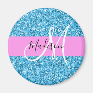 Glam Sky Blue Pink Glitzer Glitzern Name Monogramm Magnet