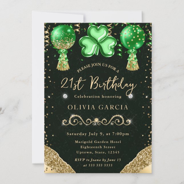 Glam St Patrick's Balloons 21. Geburtstag Einladung (Vorderseite)
