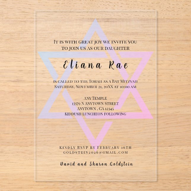 Glam Star von David Elegant Bat Mitzvah Einladung (Vorderseite)