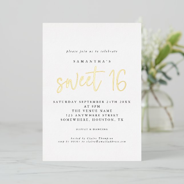 Glam Sweet 16 Birthday Party Script Real Foil Invi Folieneinladung (Stehend vorne)