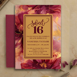 Glam Sweet 16 Burgundy Gold Watercolor Invitation Einladung