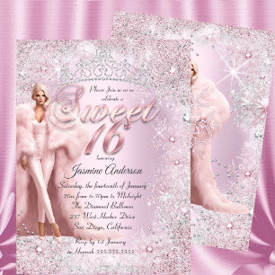 Glam Sweet 16 Pink Silver Winter Wunderland Tiara Einladung