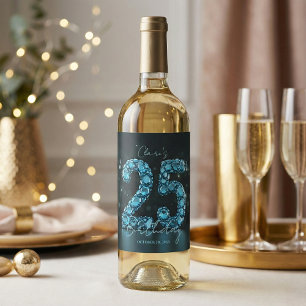 Glam Teal Blau 3D-Blasen-Edelsteine 25. Geburtstag Weinetikett